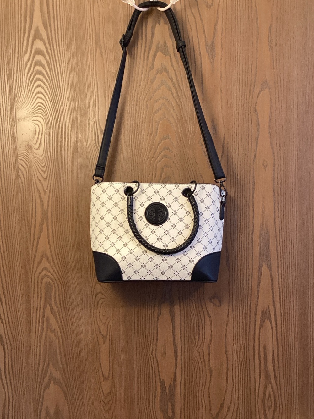 White and Black Patterned Tote Bag with Black Trim
